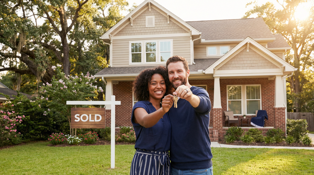 First time home buyer Fort Mill holding house keys in front of new home