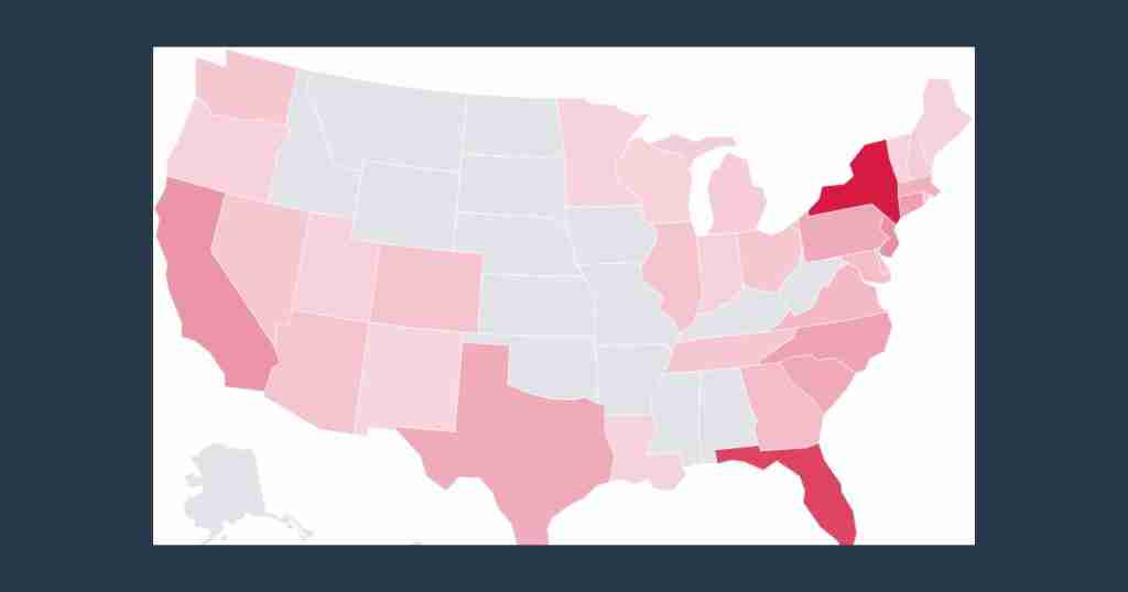US choropleth map showing where Long Island, NY households moved to, from the Migration + Wealth Flow Explorer